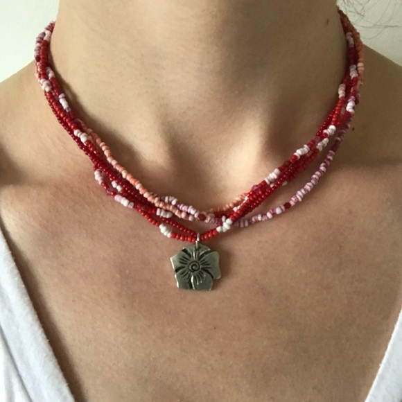 Beaded Layered Necklace with Silver Flower Pendant 💎